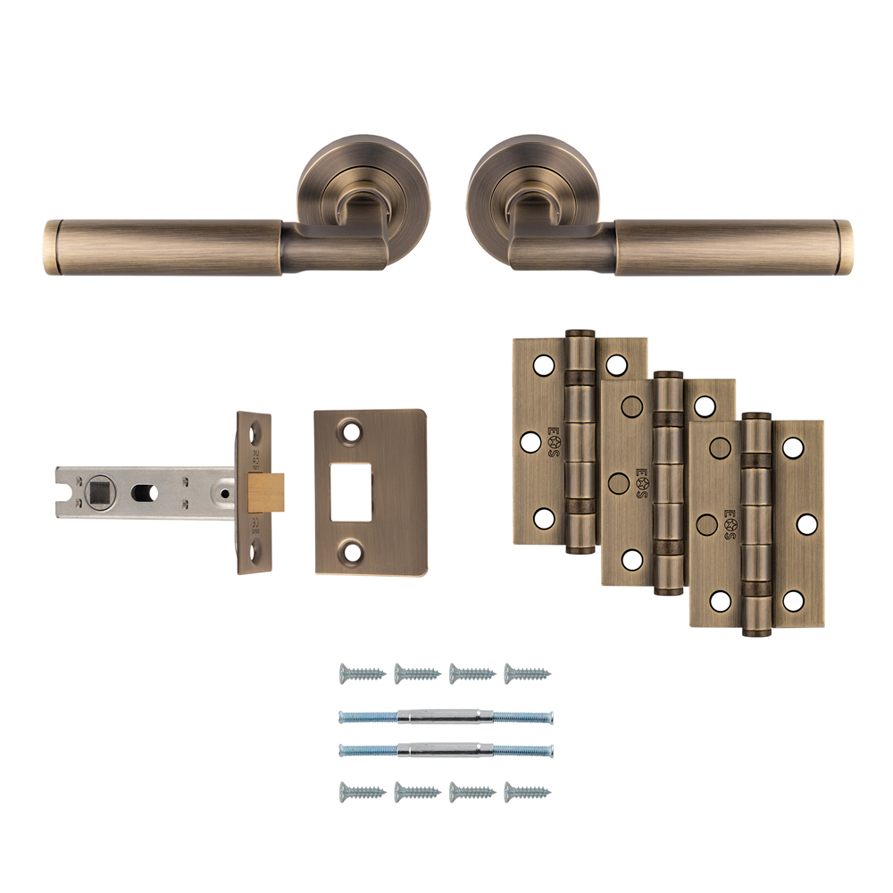 Belas Lever Handle On Round Rose Antique Brass - Door Kit