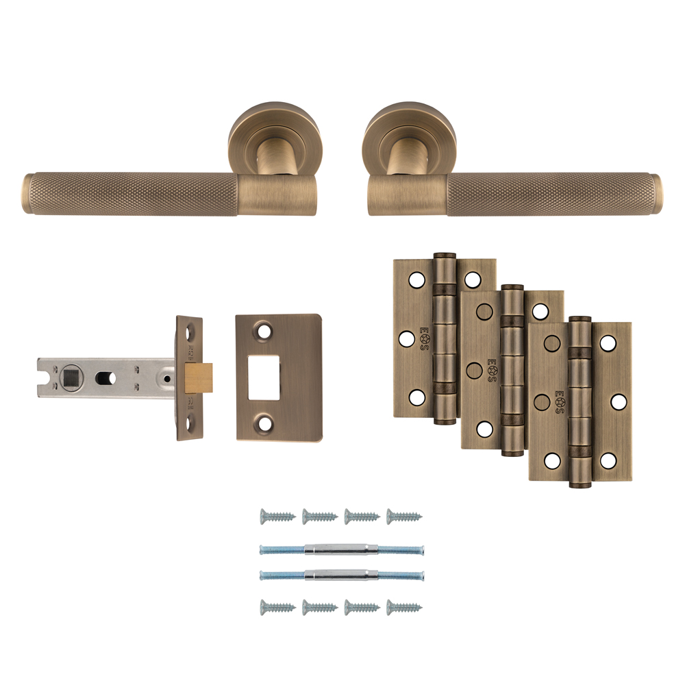 Lagos Lever Handle On Round Rose Antique Brass - Door Kit